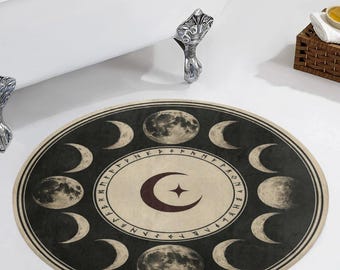 Occult Symbols Moon Phases Round Rug | Witchy Circular Carpet, Mystic Gothic Floor Decor, Celestial Witchcore Home Accent for Dark Interiors
