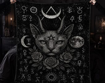 Okultystyczny koc z kotem, satanistyczny księżycowy koc z kotem, gotycki aksamitny koc, czarowniczy wystrój sypialni, alternatywny prezent do domu