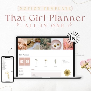 Glow Up 2025, That Girl Life Planner Notion Template, Aesthetic Dashboard Digital Planner, All in one template, ADHD Friendly