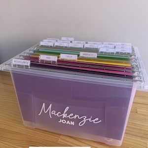 May include: A clear plastic file box with a lilac base, filled with colour-coded file folders. The box has a label with the name "Mackenzie Joan" in white script. File tabs are labelled with categories like "Pregnancy/Birth," "Baby," and "Toddler."
