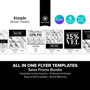 Plantillas de volantes todo en uno, paquete de promociones de ventas, descuento, ofertas especiales, marketing, puesta en marcha de negocios, Canva, 6 diseños, tamaño carta estadounidense A4 A5