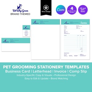 Modello di cancelleria per attività di toelettatura per animali domestici / Biglietto da visita, carta intestata, fattura e scontrino fiscale / Startup di lavaggio per cani e gatti / Canva / 4 Design