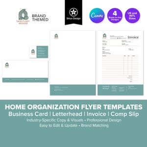 Modello di cancelleria per l'organizzazione della casa / Biglietto da visita, carta intestata, fattura e scontrino, kit di marca / Declutter Minimal Startup / Canva / 4 Design