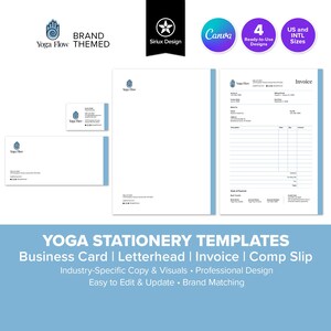 Modello di carta intestata per attività di yoga / Biglietto da visita, carta intestata, fattura e scontrino, kit di marca / Startup per salute e benessere / Canva / 4 Design