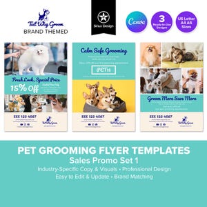 Plantillas de volantes de peluquería canina, promoción de ventas, set 1 / Baño de perros y gatos, cuidado de mascotas, lavado de pelaje, cuidado de patas, Canva, 3 diseños, tamaño carta (A4/A5)