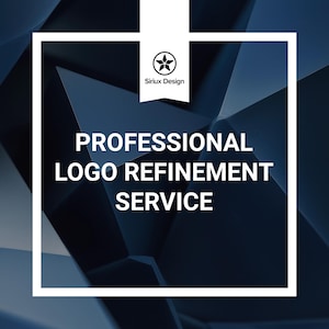 Könnte beinhalten: Dunkelblauer abstrakter Hintergrund mit weißem quadratischem Rahmen. Der Text "PROFESSIONAL LOGO REFINEMENT SERVICE" ist weiß dargestellt. Ein weißes Banner oben zeigt ein Sternlogo und den Text "Sirius Design."