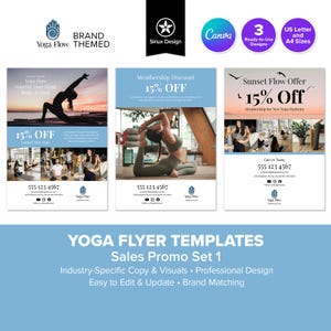 Plantillas de volantes de yoga: promoción, lote 1, descuento especial, clase de bienestar, instructor de fitness, Canva, 3 diseños, tamaño carta y A4