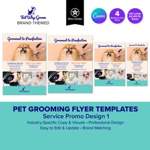 Plantillas de volantes para peluquería canina, promoción de servicios, baño de perros y gatos, aseo, lavado y corte de patas para mascotas, startup, Canva, 4 tamaños, carta (EE. UU.): A4, A5, DL