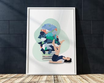 Lámina artística de lavandería divertida / Mujer juguetona y pila de ropa (descarga digital)