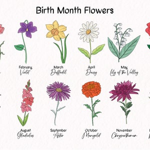 Poster dei fiori del mese di nascita, STAMPABILE, Oggettistica per la casa, Opera d'arte floreale, Grafico annuale dei fiori, Arte della parete floreale