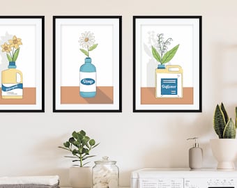 Laundry Room Flower Prints, Set of 3, Pastel Colors (Digital Download)