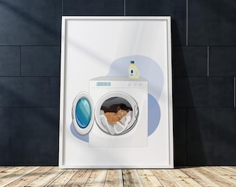 Funny Cat Laundry Room Art Print, Washing Machine Cat Poster (Digital Download)