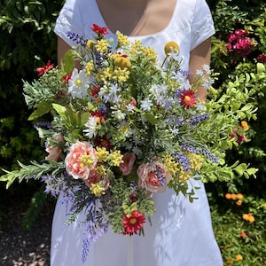 Bridal Bouquet Wildflowers Craspedia Yellow Purple Pink White  Wedding Flowers, faux flowers