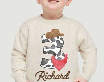 Sudadera personalizada de cumpleaños de vaquero, sudadera de cuello redondo para fiesta infantil de rodeo del oeste