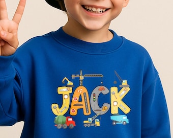 Sudadera con nombre de construcción, sudadera personalizada con diseño de camión, camiseta infantil con excavadora, atuendo personalizado para niño con nombre