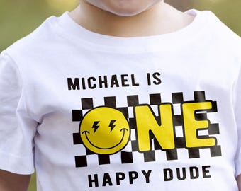 One Happy Dude shirt, 1st Birthday Tee with Name, Happy Face Outfit