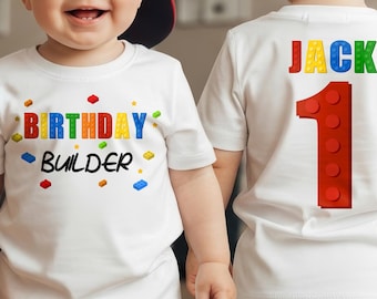 Camiseta de cumpleaños con bloques de construcción, nombre personalizado y edad, para fiesta infantil con temática de ladrillos.