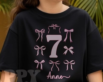 Camiseta de cumpleaños número 7 para niñas, con lazo, nombre personalizado y edad, camiseta con lazo coqueto