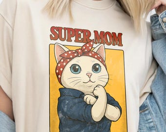 Camiseta feminista de gato, camiseta gráfica de supermamá, camiseta retro estilo Rosie Kitty