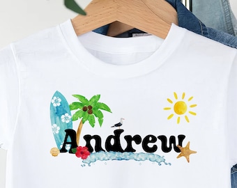 Camiseta playera personalizada para niños, camiseta tropical de surf con palmeras y nombre personalizado