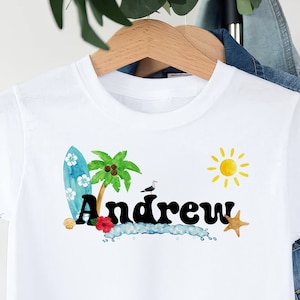 Beach Theme Name Shirt • Custom Summer Shirt for Kids • Tropical Name Tee • Surf Sun and Sand Shirt,  Custom Surfer.
