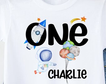 Space First Birthday Shirt, Custom Name Astronaut Onesie, Rocket & Planets 1st Birthday Outfit