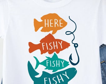 Here Fishy Fishy Shirt Kids Fishing Tee with Hook Graphic Unisex Youth T-Shirt