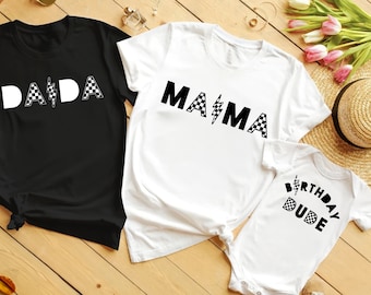 Camisetas familiares a cuadros para cumpleaños, con nombre y número personalizados.