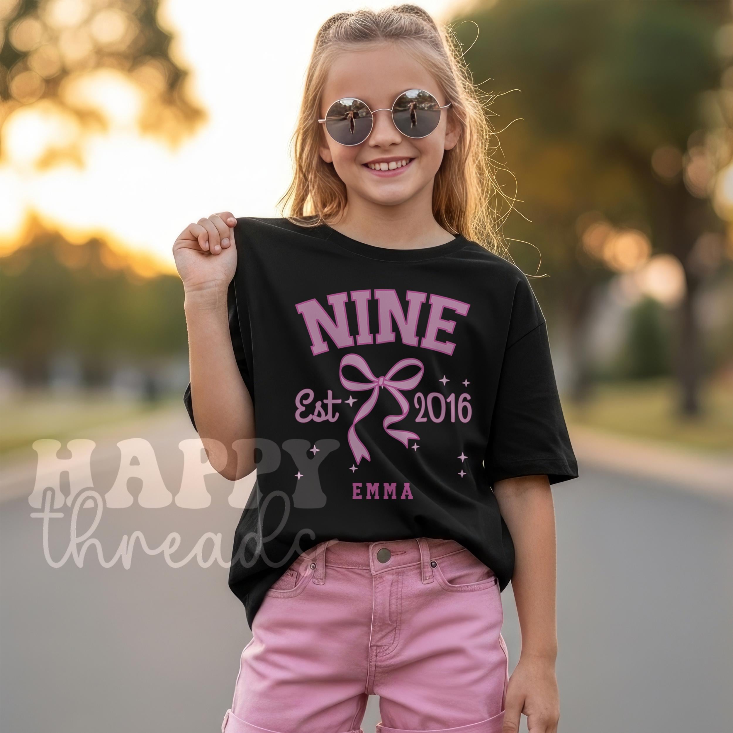 Custom 9th Birthday Shirt for Girls, Custom Ninth Birthday Party Tee with Coquette Bow, 9 Year Old Birthday Gift Top