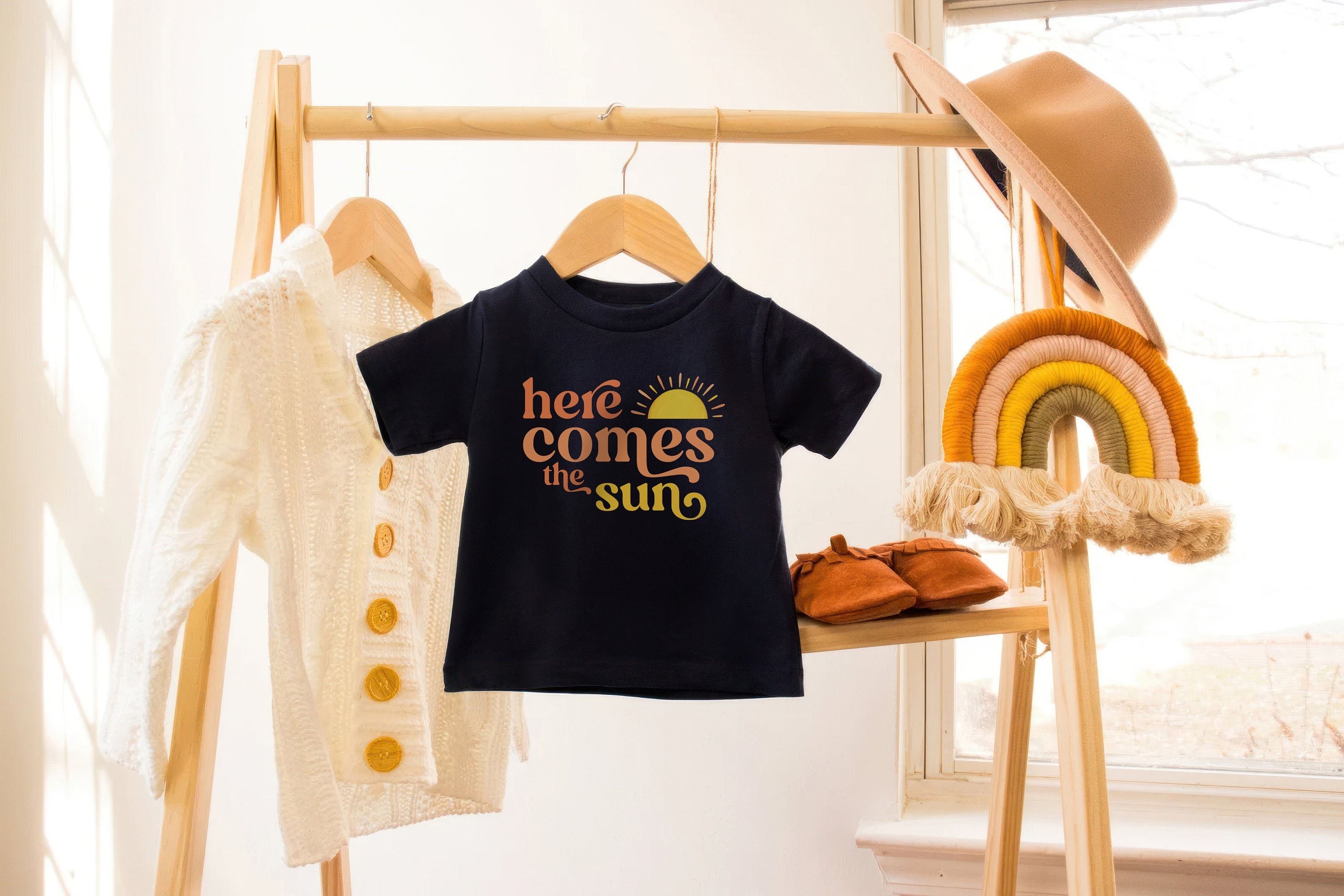 Here Comes the Sun Shirt, Retro Sunshine Toddler Tee, Baby Girl Summer Shirt, Groovy Boho Kids Tee, Positive Vibes Shirt for Kids