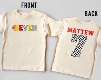 Camiseta infantil de cumpleaños con diseño de coche de carreras, personalizada con nombre y edad (hasta 7 años), número a cuadros, nombre en la espalda