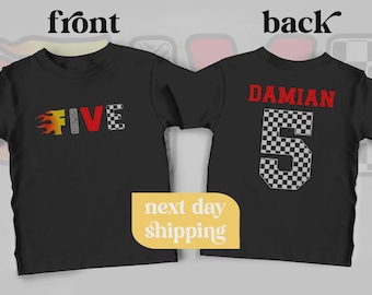 Race Car Birthday Shirt, Custom Name and Age, Checkered Number 5 Kids Tee