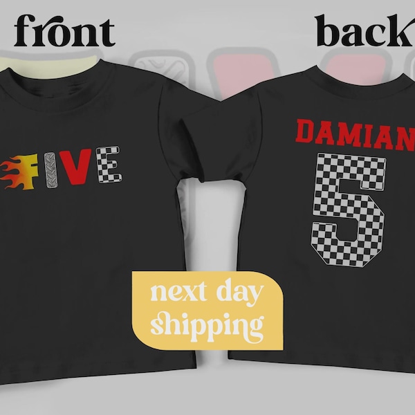 Race Car Birthday Shirt, Custom Name and Age, Checkered Number 5 Kids Tee