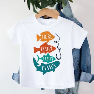 Here Fishy Fishy Shirt – Funny Fishing Tee for Kids or Adults, Fisherman Gift, Cute Fish Shirt, Outdoor Lake Trip Shirt