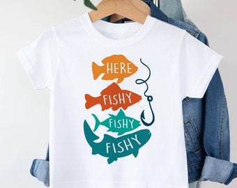 Fishing Shirt for Kids, Here Fishy Fishy toddler Shirt, Funny Fishing Shirt, black fishing shirt kids, Boy Fishing shirt, Girl Fishing shirt