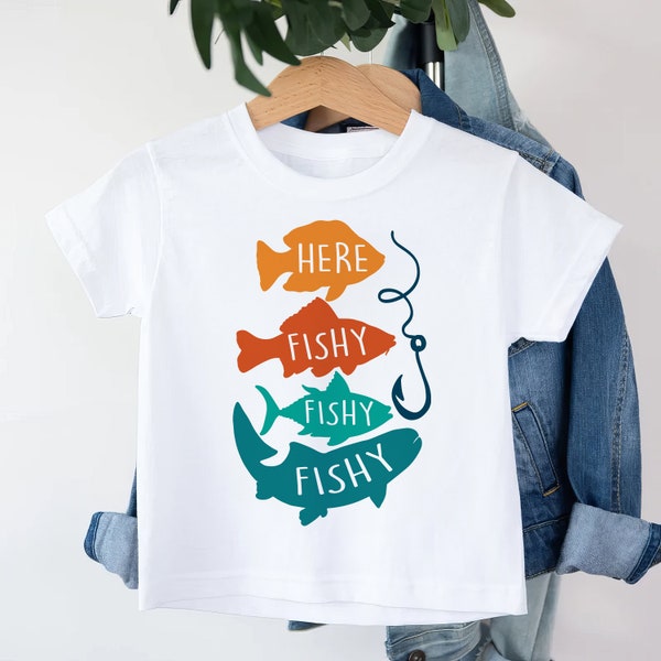 Fishing Shirt for Kids, Here Fishy Fishy toddler Shirt, Funny Fishing Shirt, black fishing shirt kids, Boy Fishing shirt, Girl Fishing shirt