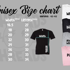 May include: Unisex size chart for t-shirts with measurements in inches. Sizes range from XS to 4XL.  Colors include white, black, athletic heather, and pink.