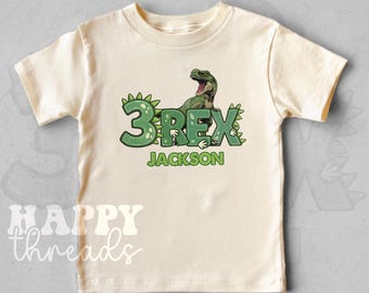 Three Rex Birthday Shirt, Personalized Name & Age, Boys Dinosaur 3rd Birthday Tee