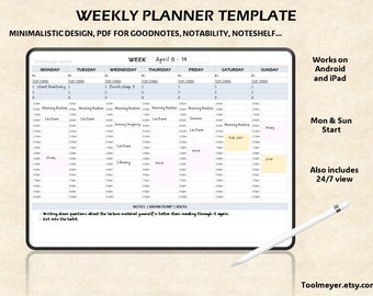 Weekly Planner GoodNotes テンプレート、Hourly Planner、日付なし、Digital Planner pdf、Goodnotes Planner、iPad Planner、Evernote または Notability