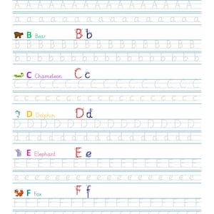 Könnte beinhalten: Ein ausdruckbares Arbeitsblatt für Kinder, um das Schreiben der Buchstaben A bis F zu üben. Jeder Buchstabe ist mit einem Tier gepaart und ein Bild des Tieres ist enthalten. Das Arbeitsblatt hat gepunktete Linien, um die Hand des Kindes beim Schreiben zu führen.