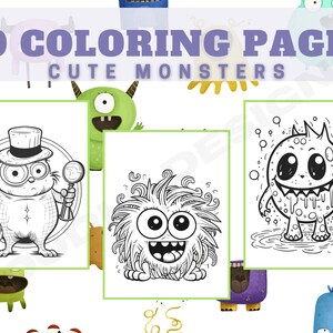 Cute Monsters Coloring Pages | 50 Pages | For Kids and Adults | Cute Cartoon Coloring | Digital Download