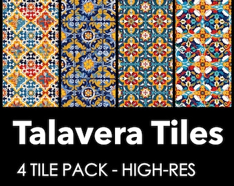 May include: Four colorful Talavera tile designs in a high-resolution digital download pack. Each tile features intricate geometric patterns in shades of blue, yellow, red, and green.