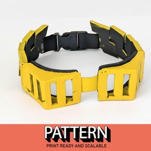 May include: Yellow plastic headband with a black strap and multiple rectangular cutouts. The headband is designed to be worn around the head and has a strap that can be adjusted for a comfortable fit.