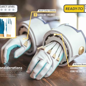 May include: White and light blue Airforce bracers with matching gloves. The gloves are not included in the kit. The image also includes the text "Project Level", "Ready-to", and "Assemble this using the full kit".