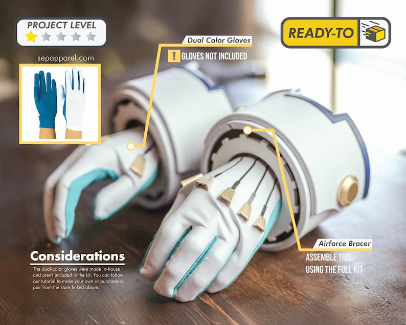 May include: White and light blue Airforce bracers with matching gloves. The gloves are not included in the kit. The image also includes the text "Project Level", "Ready-to", and "Assemble this using the full kit".