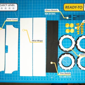 May include: A flat lay of craft supplies for a project. Includes white panel covers, wrist wraps, black trim details, and four tires with gear ridges. Accessories and glove details are also present. The project level is indicated with stars.