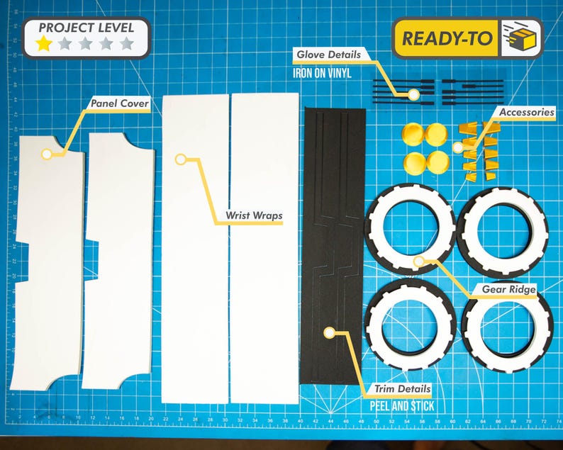 May include: A flat lay of craft supplies for a project. Includes white panel covers, wrist wraps, black trim details, and four tires with gear ridges. Accessories and glove details are also present. The project level is indicated with stars.