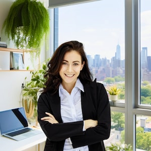 Puede incluir: Una mujer con un blazer negro se encuentra de pie frente a una ventana con vista a un horizonte urbano. Sonríe y tiene los brazos cruzados. Hay un ordenador portátil y plantas en un escritorio en primer plano.