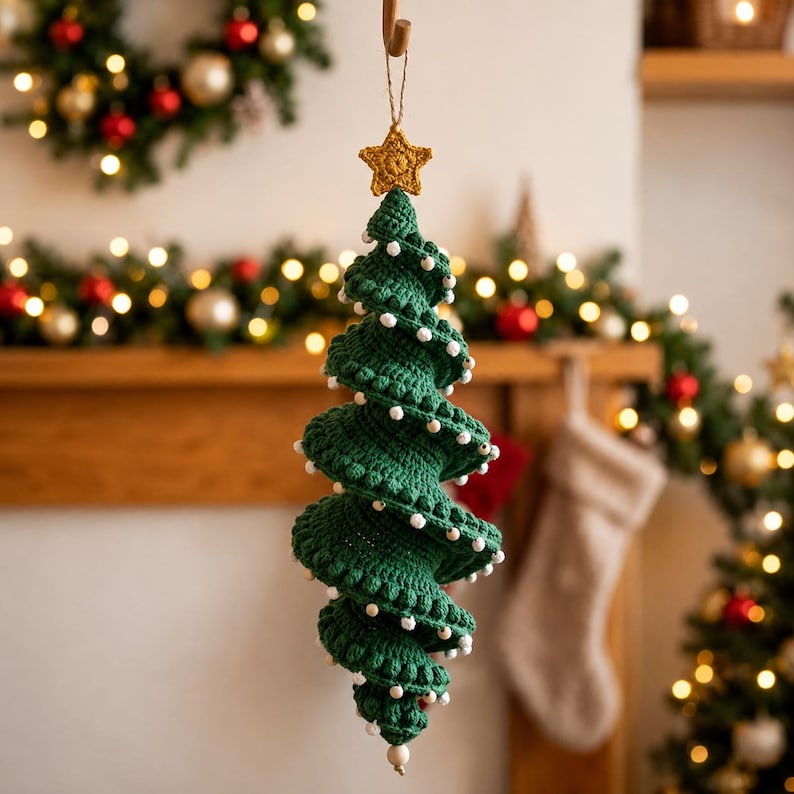 May include: A spiral-shaped crochet Christmas tree ornament in dark green yarn, featuring small white bead accents along the edges and a gold-colored crocheted star at the top. The ornament hangs from a thin string loop for display purposes.