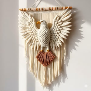Könnte beinhalten: Ein Makramee-Wandbehang mit einem weißen Adler mit ausgebreiteten Flügeln. Der Adler hat einen gelben Schnabel und Füße sowie eine rautenförmige, braune Basis. Der Wandbehang ist an einem Holzstab mit cremefarbenen Fransen aufgehängt.